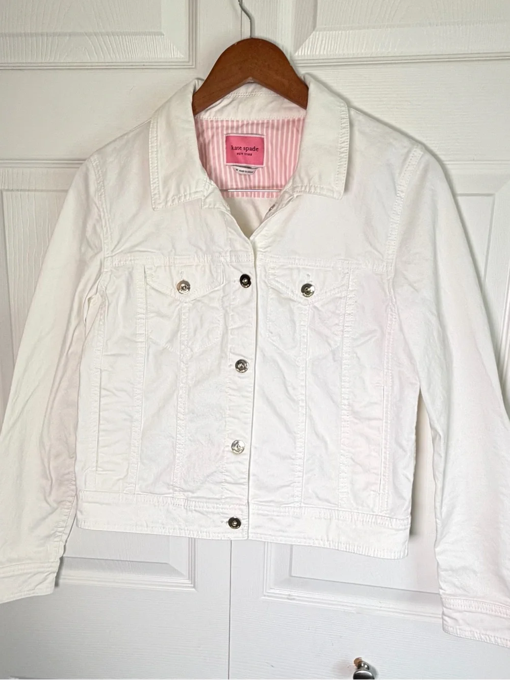 Kate Spade New York White Denim Jean Jacket M Pink Stripe Cuffs Gold Buttons
